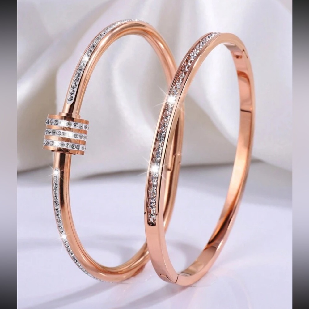 Luxe Rose Gold Stainless Steel Rhinestone Bangle Set